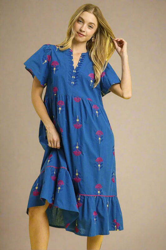 UMGEE - Blue Embroidered Flutter Sleeve Midi Dress