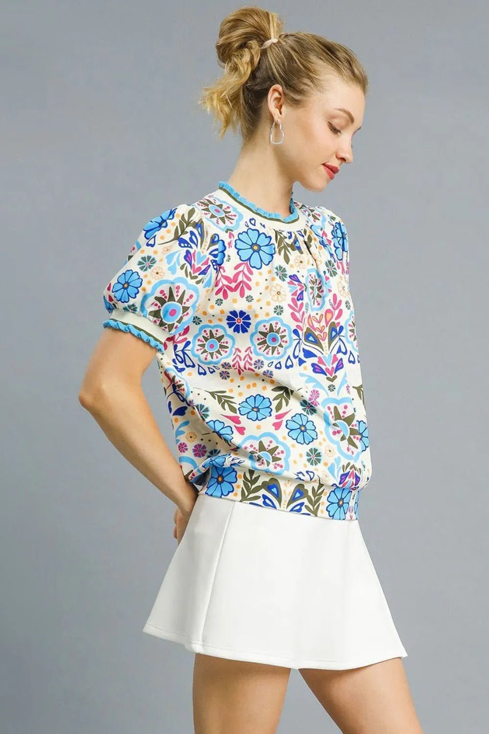 UMGEE - Blue Floral Puff Sleeve Top