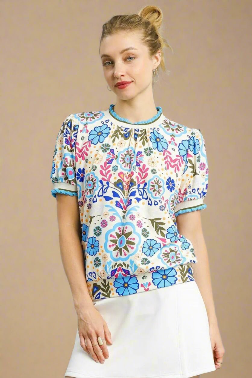 UMGEE - Blue Floral Puff Sleeve Top