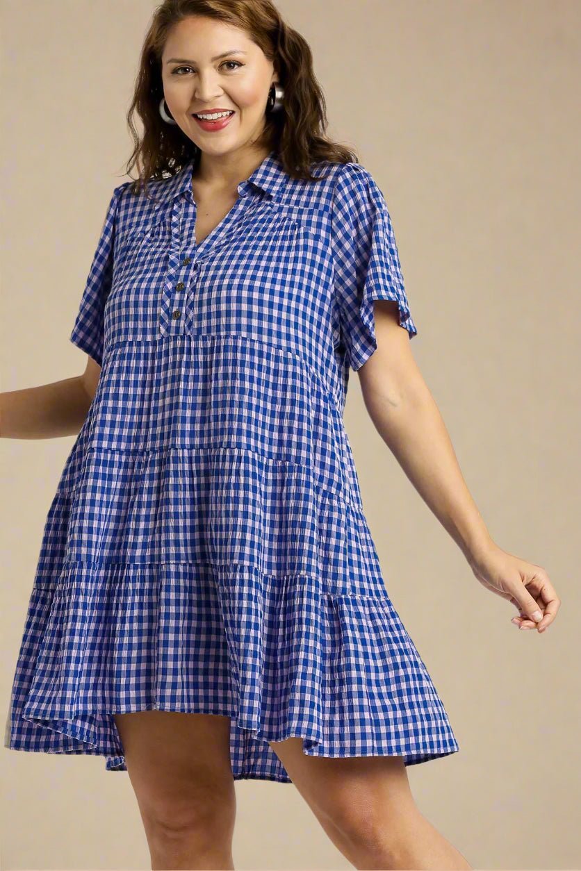 UMGEE - Blue Gingham Plaid Short Sleeve Mini Dress