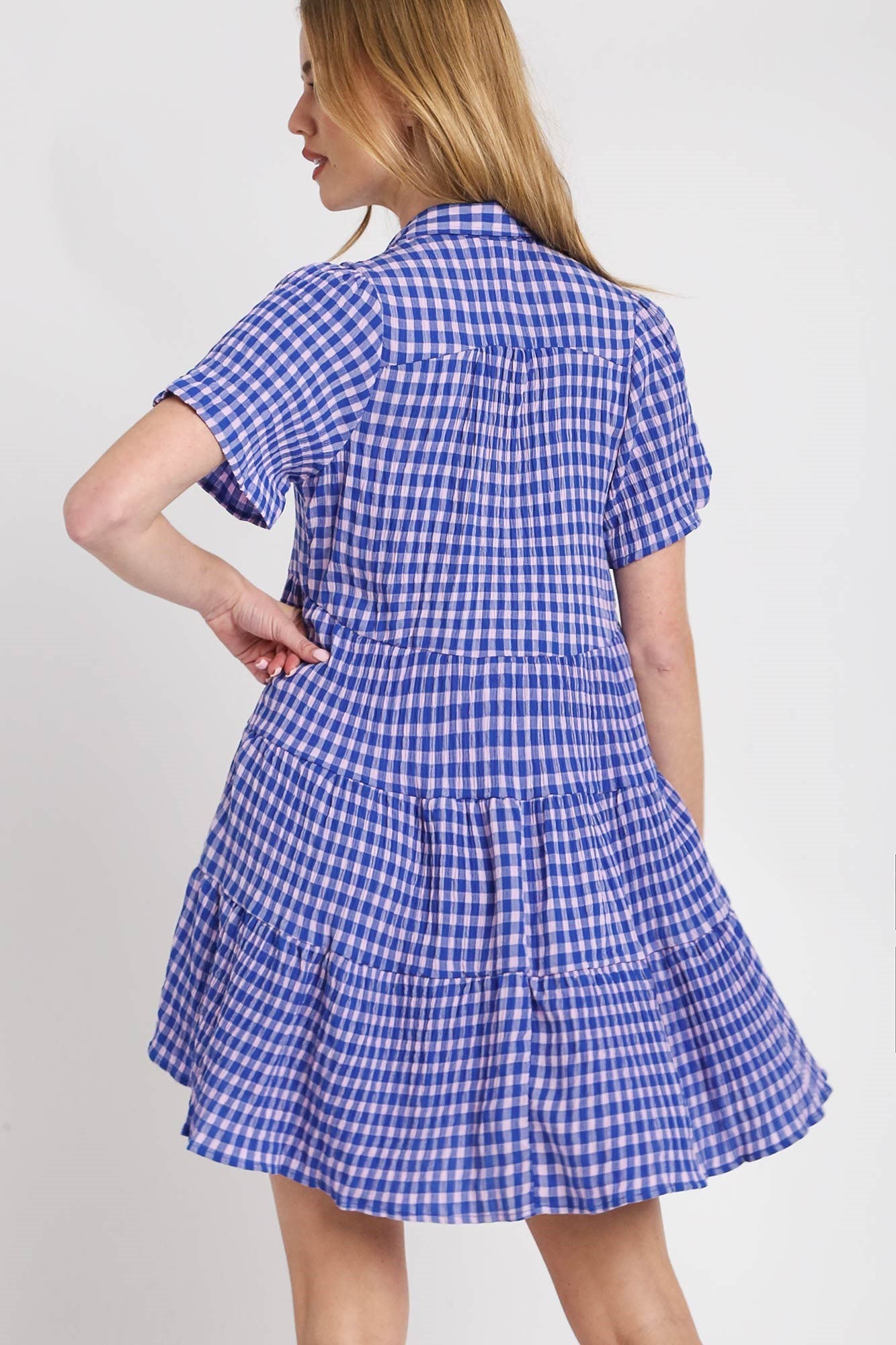 UMGEE - Blue Gingham Plaid Short Sleeve Mini Dress