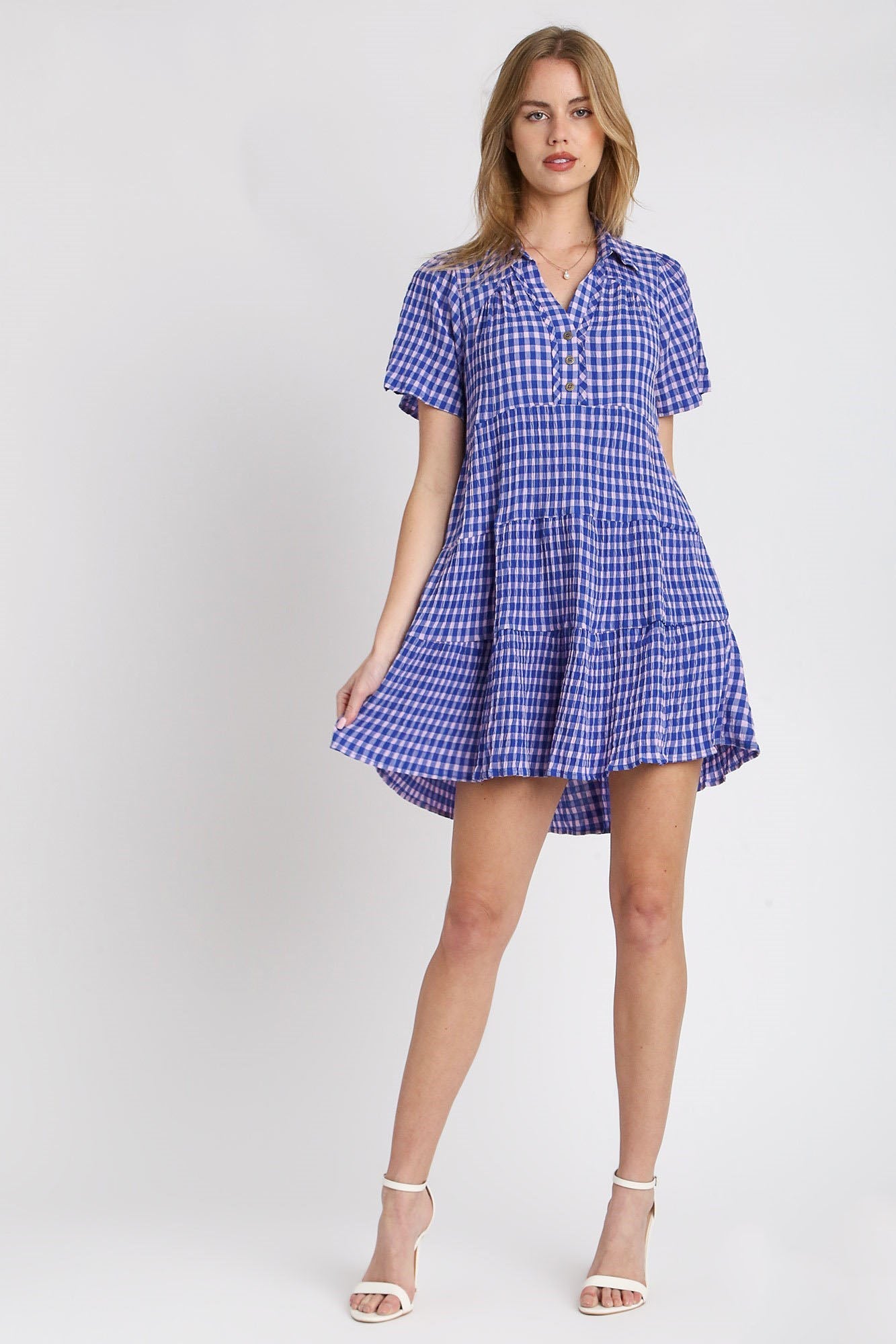 UMGEE - Blue Gingham Plaid Short Sleeve Mini Dress