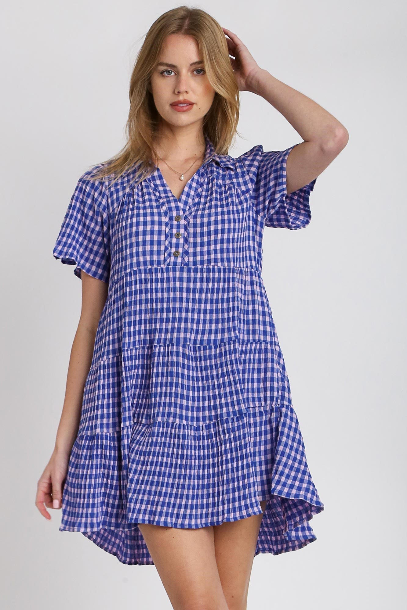 UMGEE - Blue Gingham Plaid Short Sleeve Mini Dress