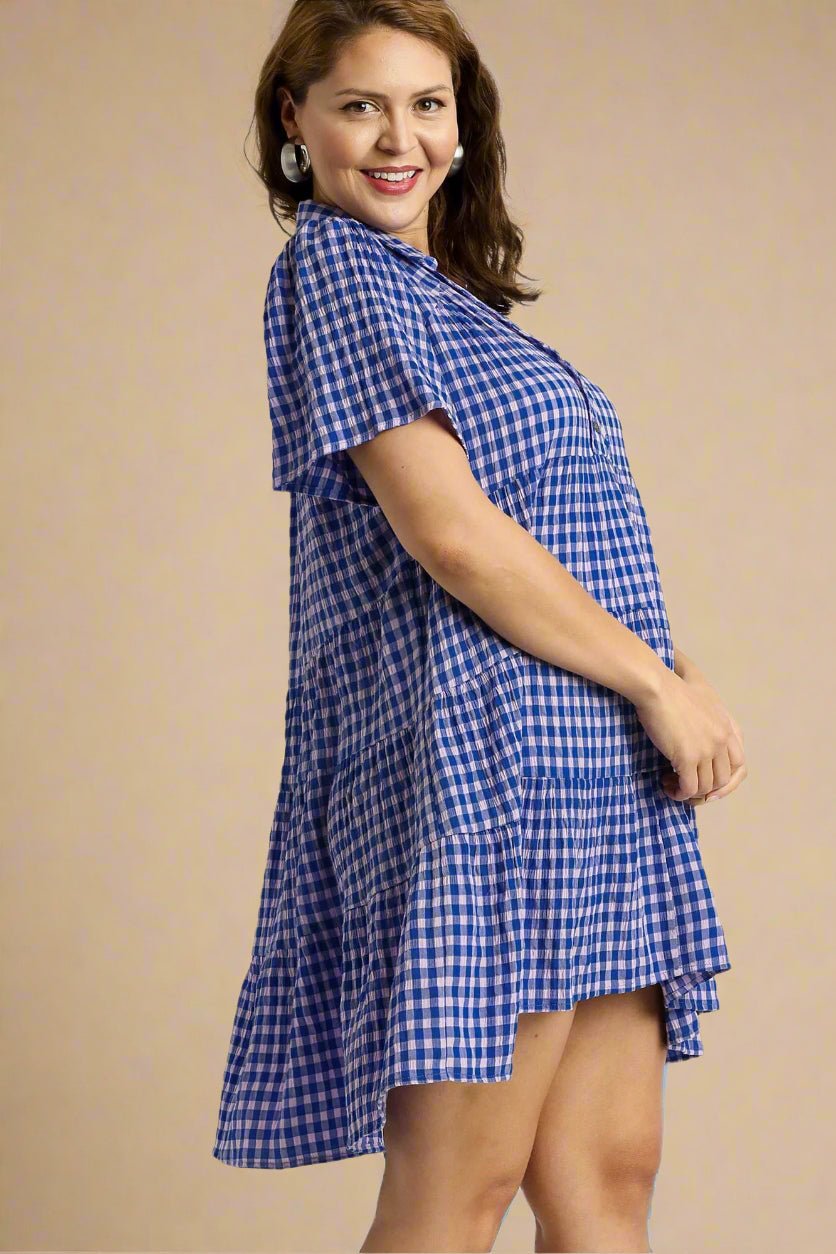 UMGEE - Blue Gingham Plaid Short Sleeve Mini Dress