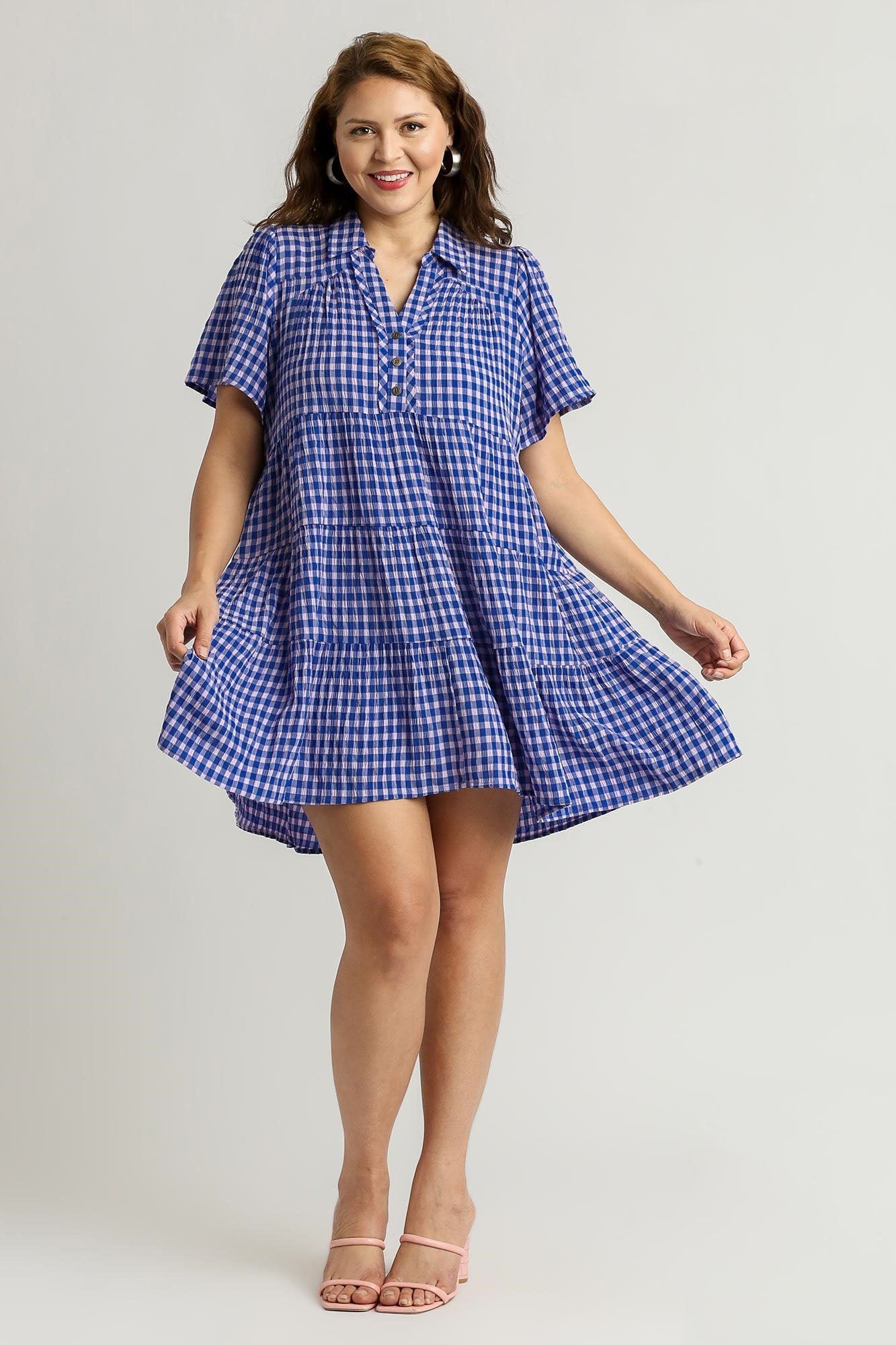 UMGEE - Blue Gingham Plaid Short Sleeve Mini Dress