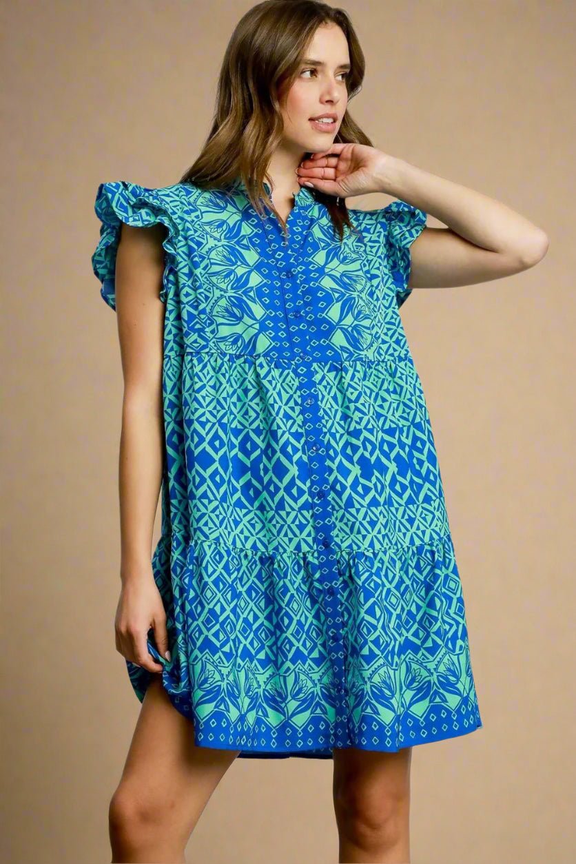 UMGEE - Blue & Green Geo - Print Mini Dress with Ruffle Sleeves