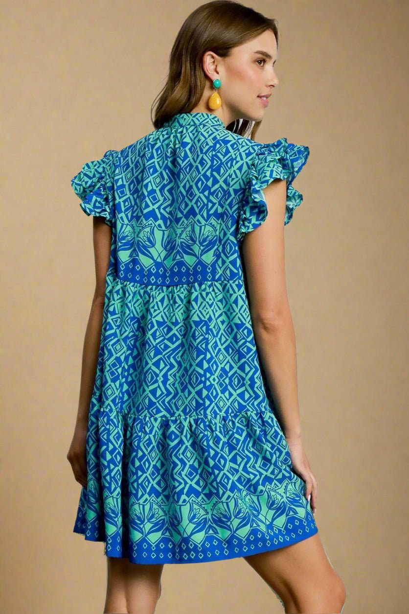 UMGEE - Blue & Green Geo - Print Mini Dress with Ruffle Sleeves