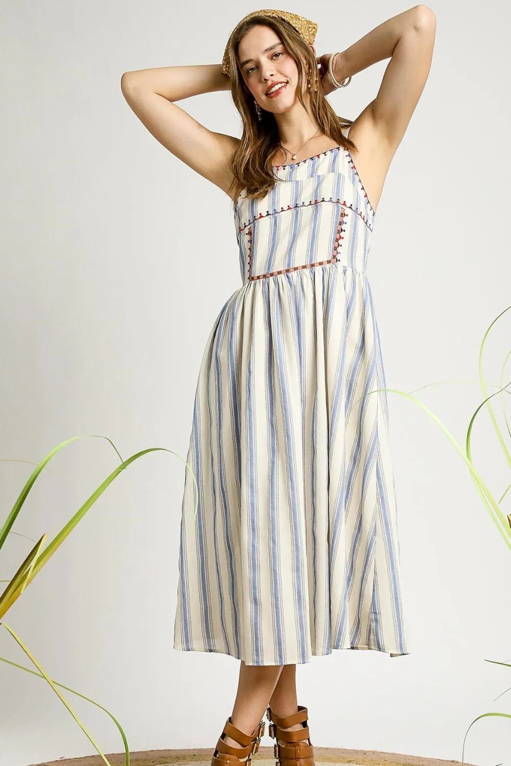 UMGEE - Blue & Ivory Striped Smocked Midi Dress