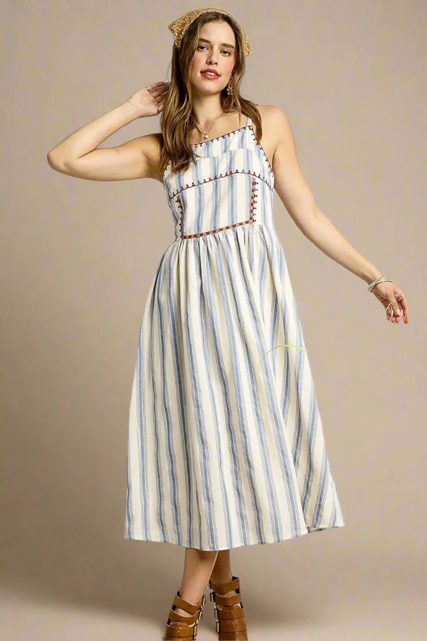 UMGEE - Blue & Ivory Striped Smocked Midi Dress