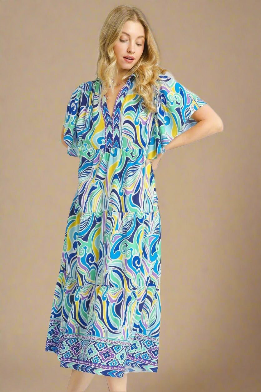 UMGEE - Blue Multicolor Swirl Print Short Sleeve Midi Dress
