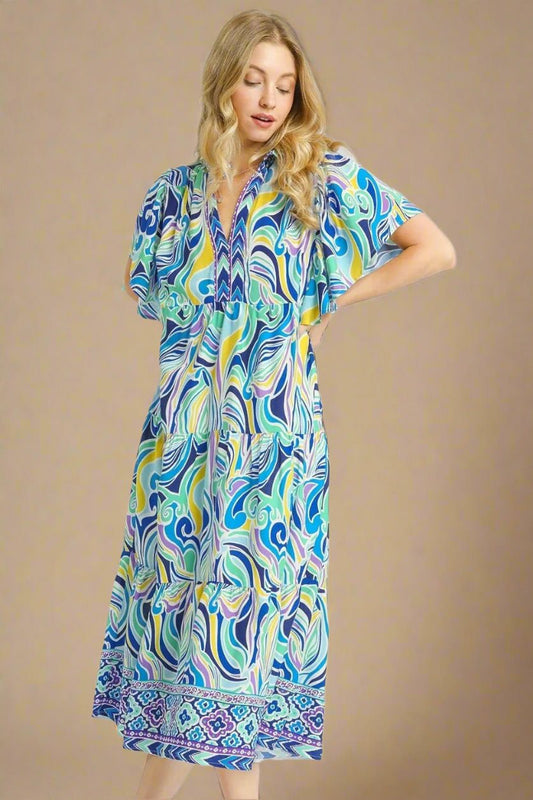 UMGEE - Blue Multicolor Swirl Print Short Sleeve Midi Dress
