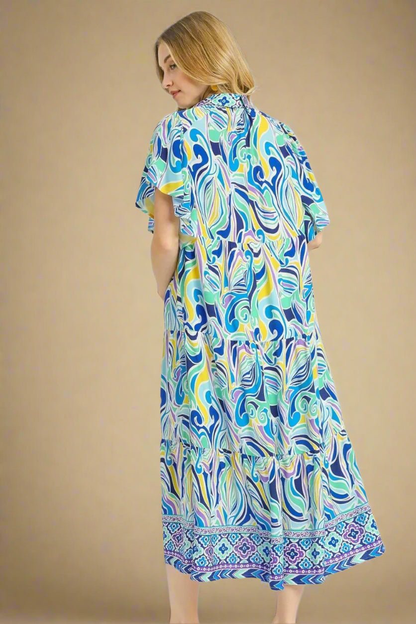 UMGEE - Blue Multicolor Swirl Print Short Sleeve Midi Dress