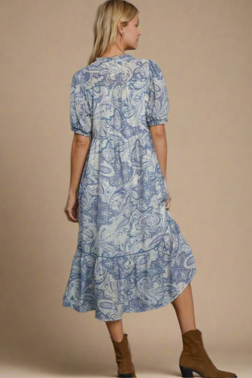 UMGEE - Blue Paisley Puff Sleeve Midi Dress