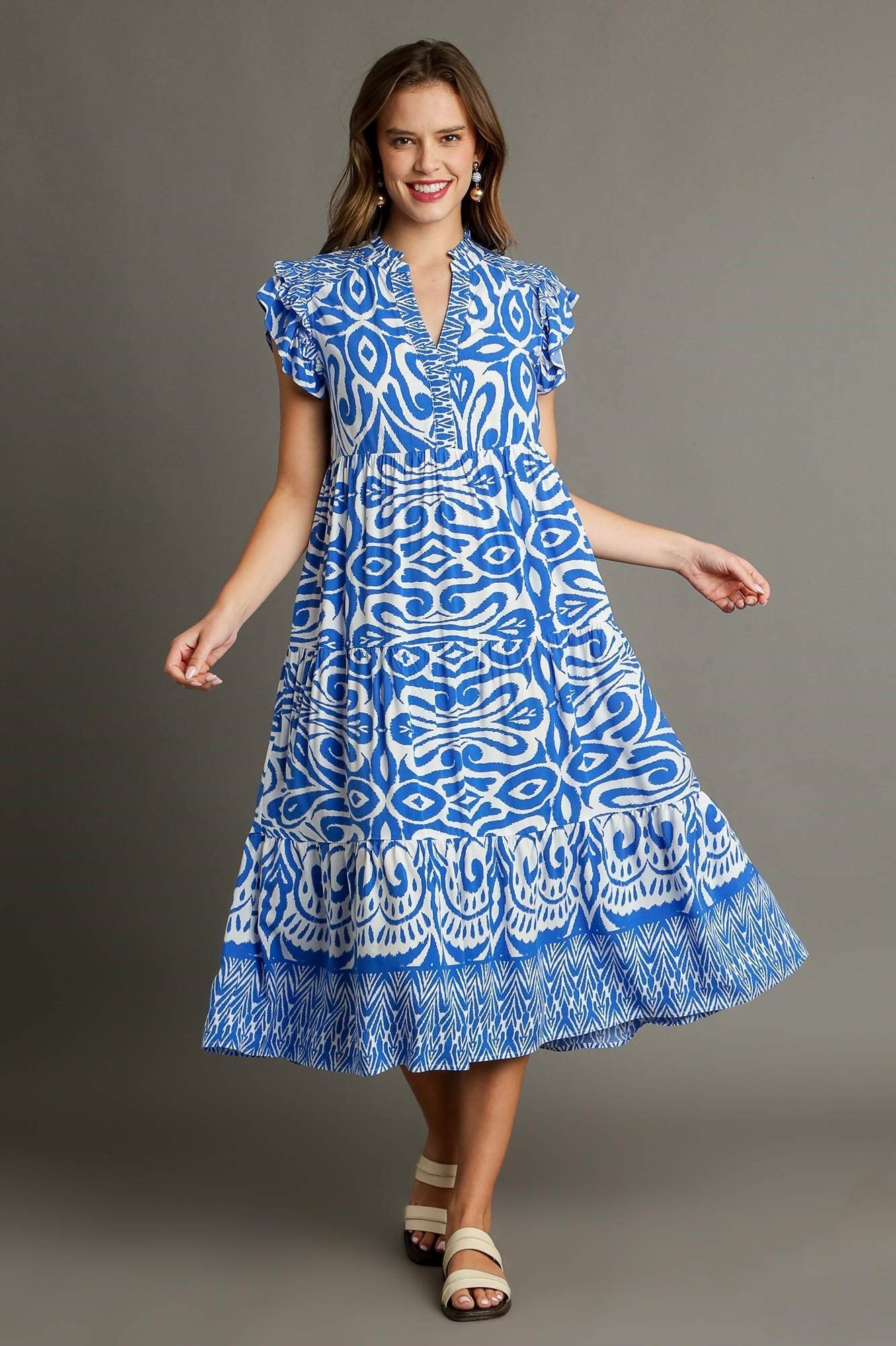 UMGEE - Blue Printed Ruffled Cap Sleeve Midi Dress