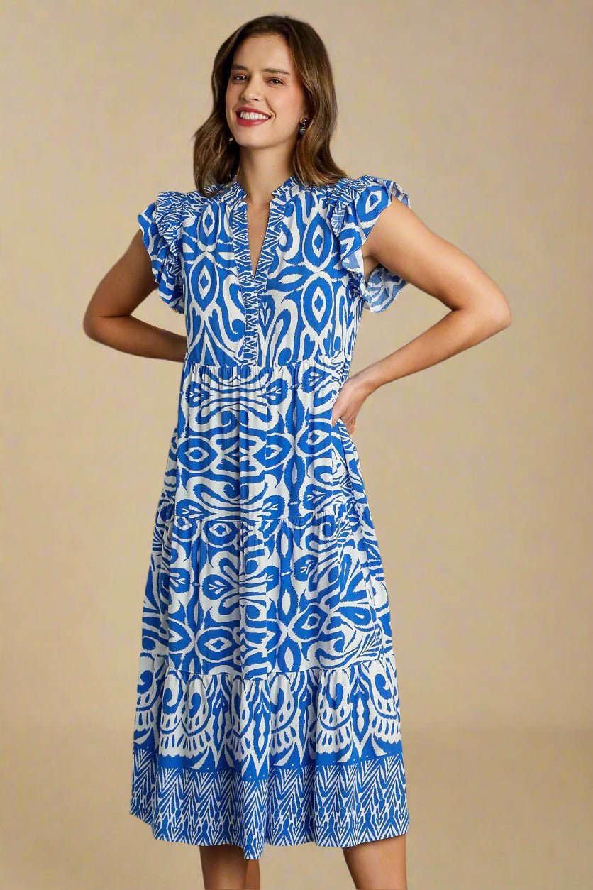 UMGEE - Blue Printed Ruffled Cap Sleeve Midi Dress