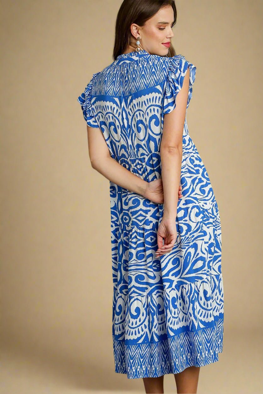 UMGEE - Blue Printed Ruffled Cap Sleeve Midi Dress