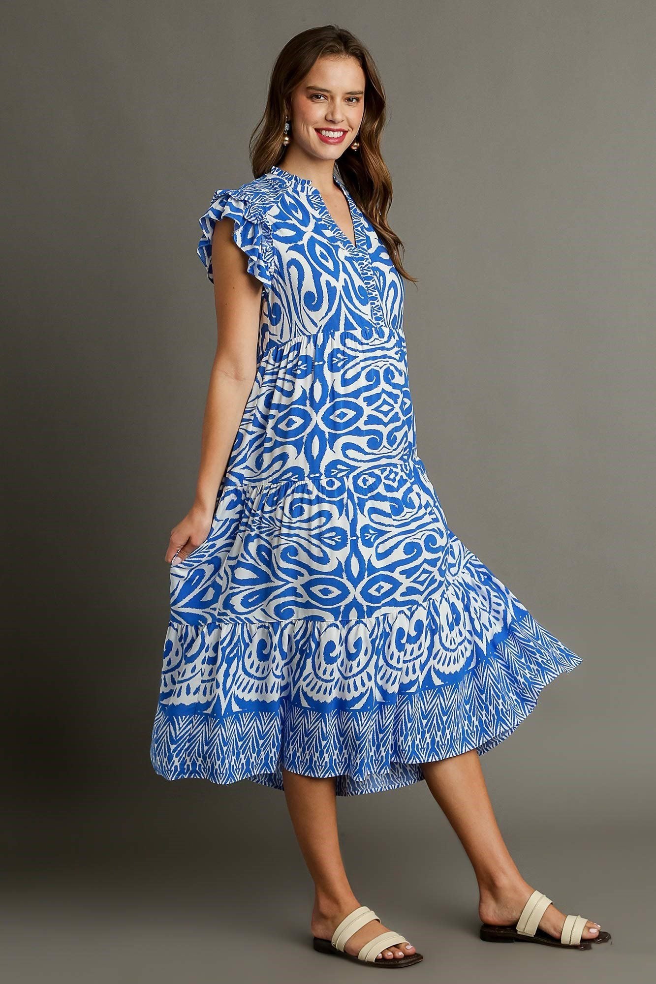 UMGEE - Blue Printed Ruffled Cap Sleeve Midi Dress