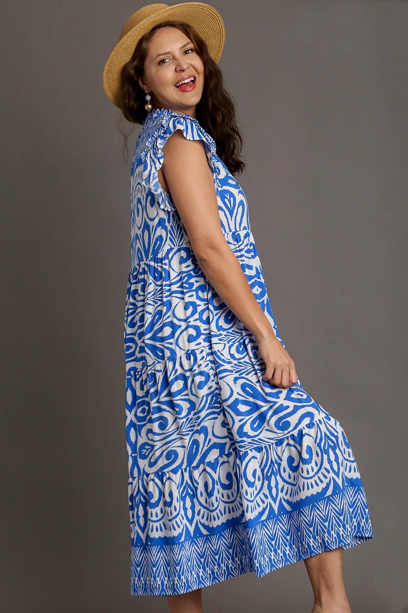 UMGEE - Blue Printed Ruffled Cap Sleeve Midi Dress