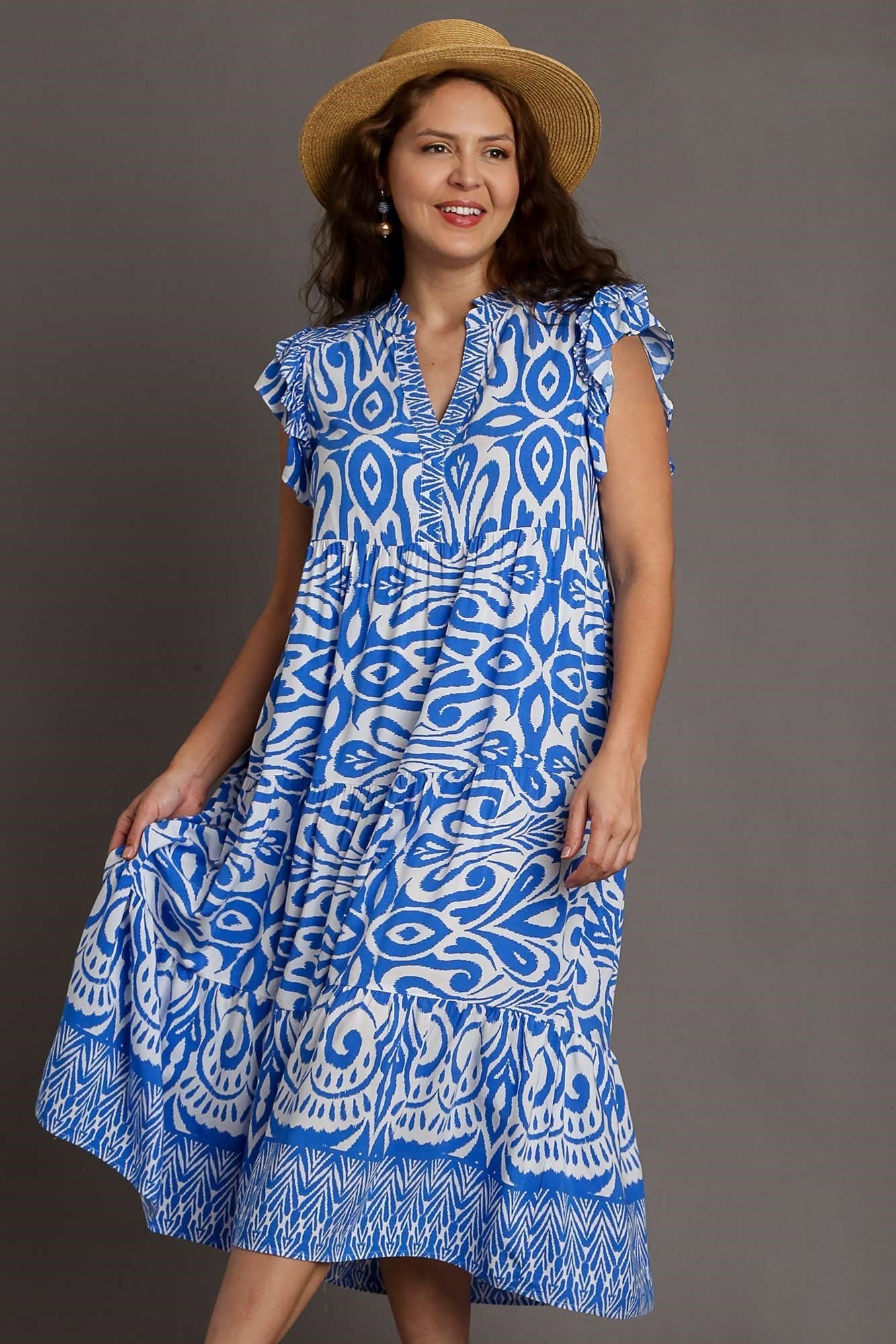 UMGEE - Blue Printed Ruffled Cap Sleeve Midi Dress