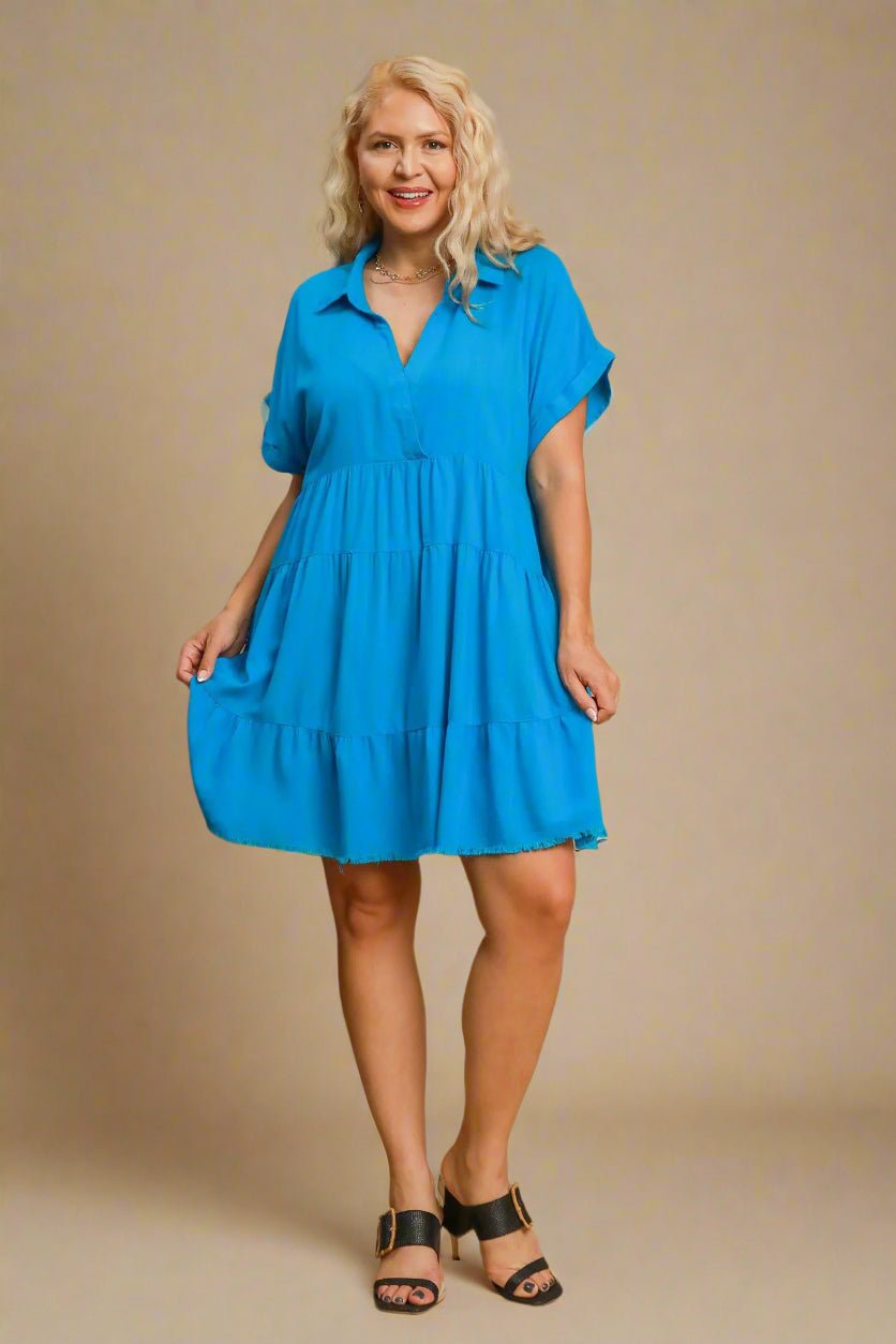UMGEE - Blue Raw Hem Short Sleeve Tiered Mini Dress