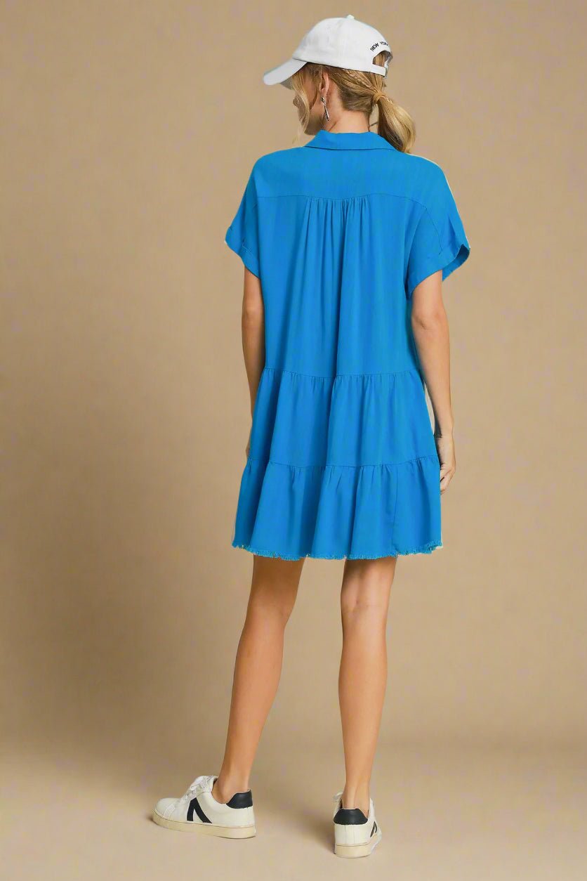 UMGEE - Blue Raw Hem Short Sleeve Tiered Mini Dress