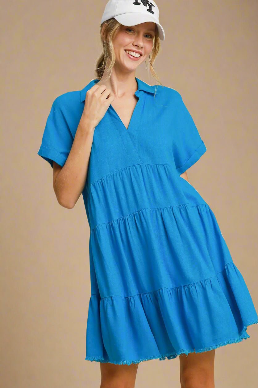 UMGEE - Blue Raw Hem Short Sleeve Tiered Mini Dress