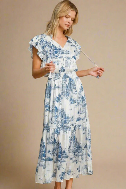UMGEE - Blue Toile Smocked Midi Dress