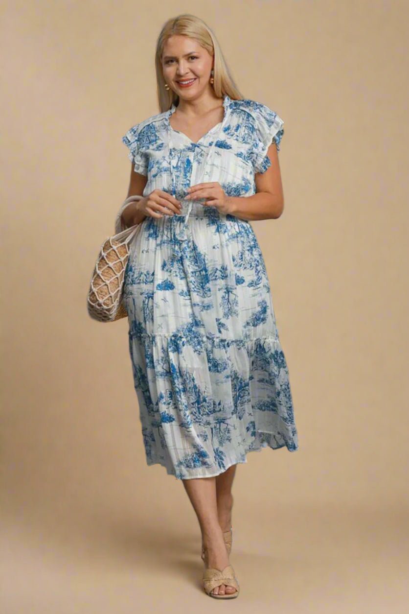 UMGEE - Blue Toile Smocked Midi Dress