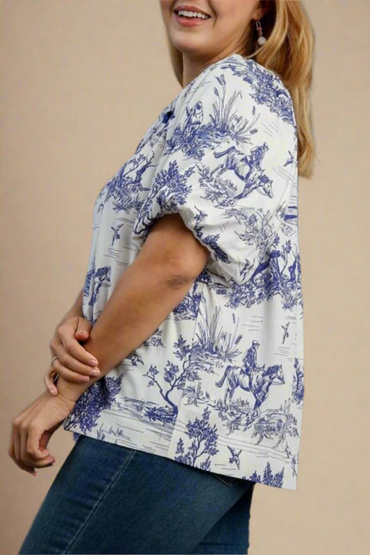 UMGEE - Blue & White Country Toile Puff Sleeve Top