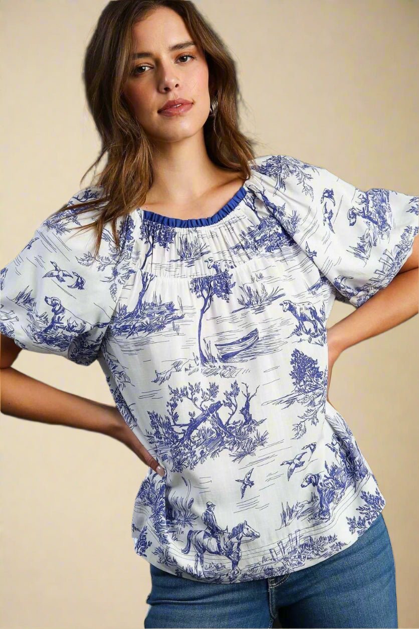 UMGEE - Blue & White Country Toile Puff Sleeve Top