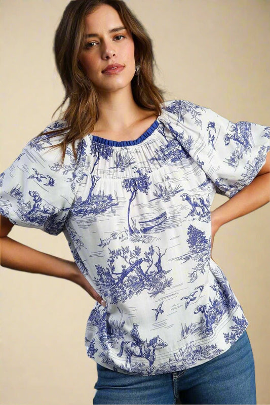 UMGEE - Blue & White Country Toile Puff Sleeve Top