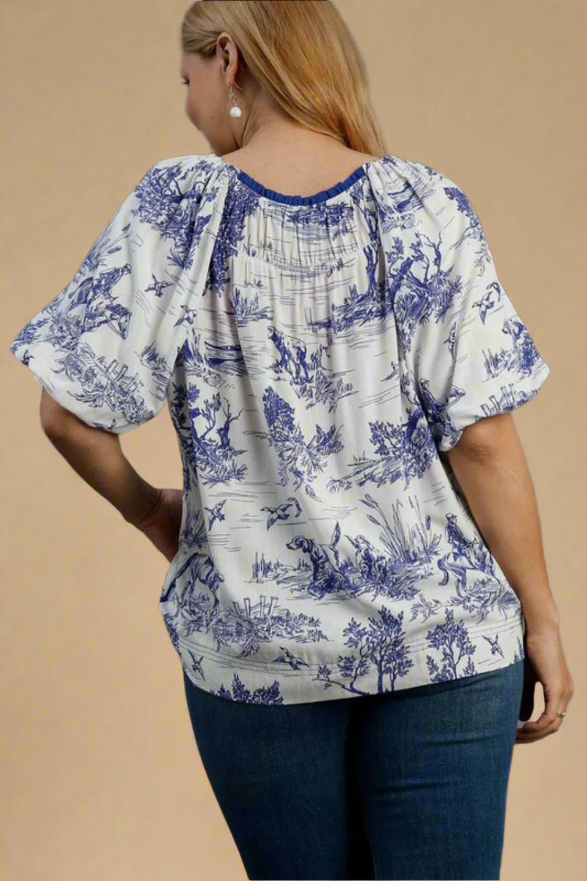 UMGEE - Blue & White Country Toile Puff Sleeve Top