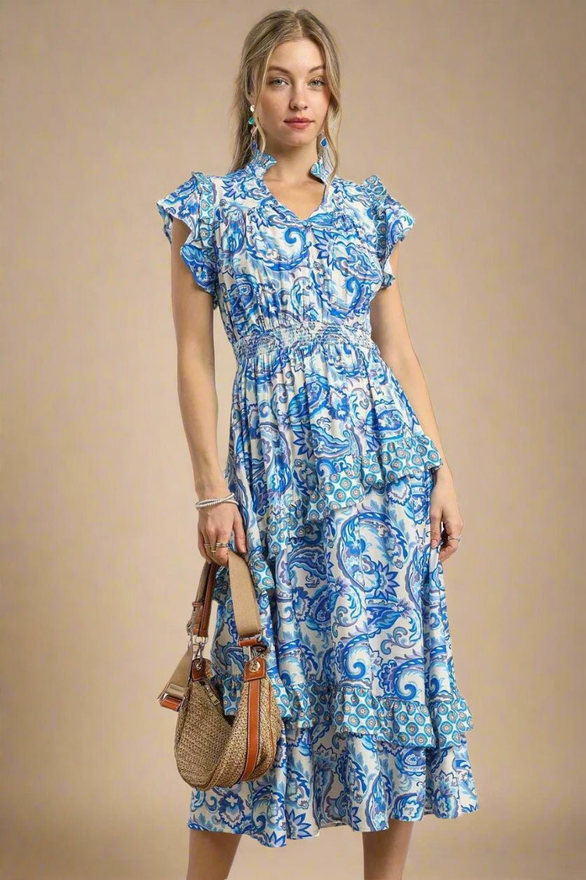 UMGEE - Blue & White Paisley Ruffle Midi Dress