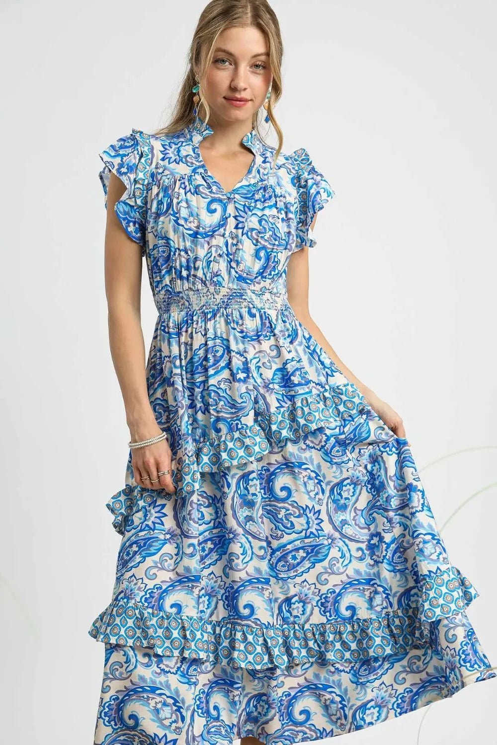 UMGEE - Blue & White Paisley Ruffle Midi Dress