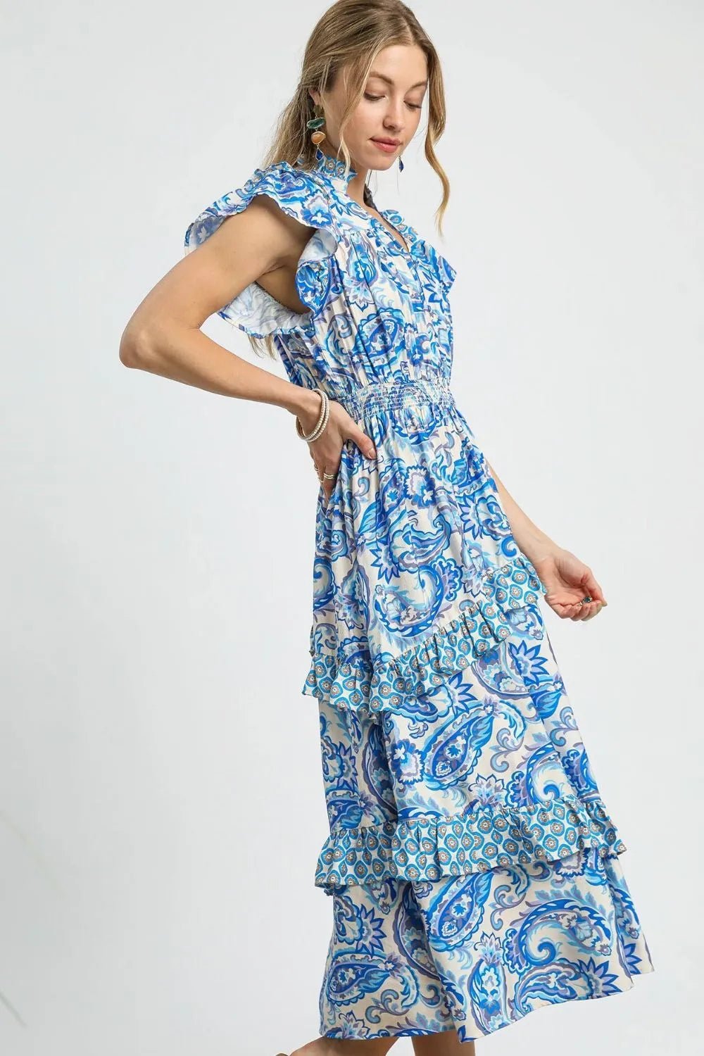 UMGEE - Blue & White Paisley Ruffle Midi Dress