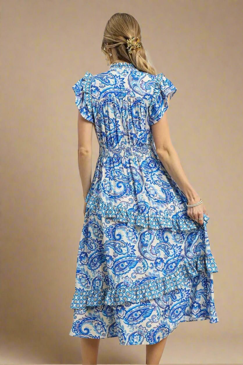 UMGEE - Blue & White Paisley Ruffle Midi Dress