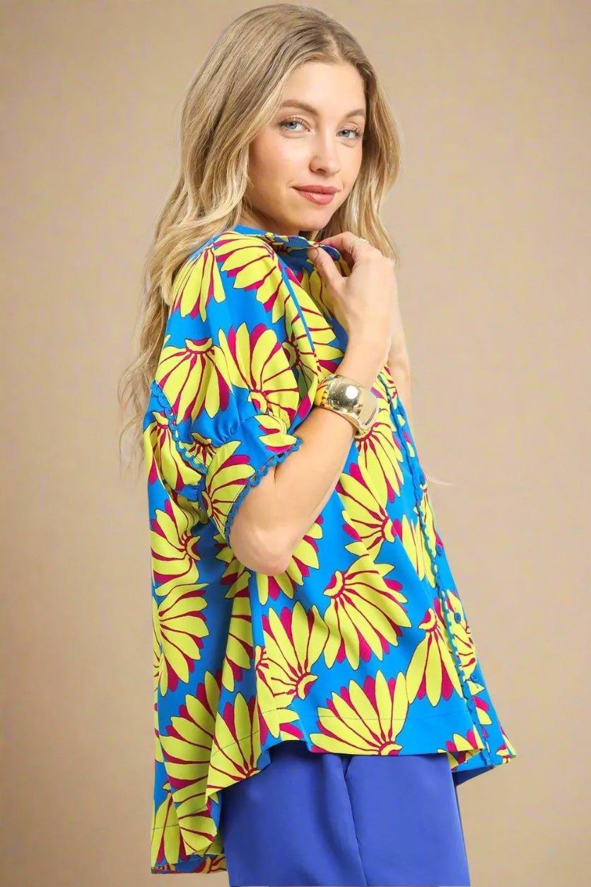 UMGEE - Blue & Yellow Floral Button Down Top