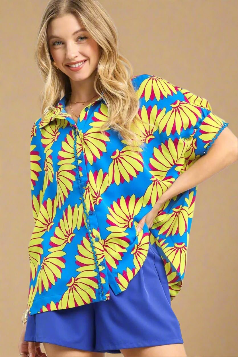 UMGEE - Blue & Yellow Floral Button Down Top