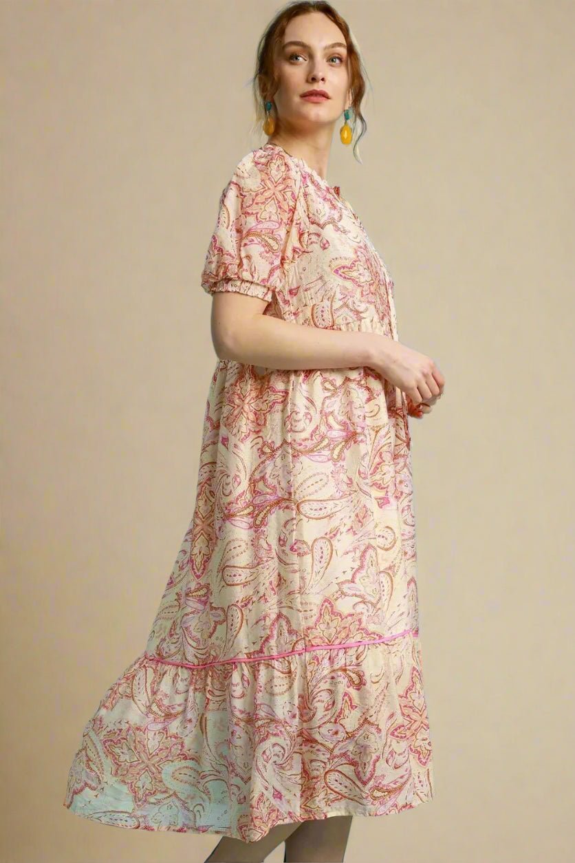UMGEE - Blush Paisley Puff Sleeve Midi Dress