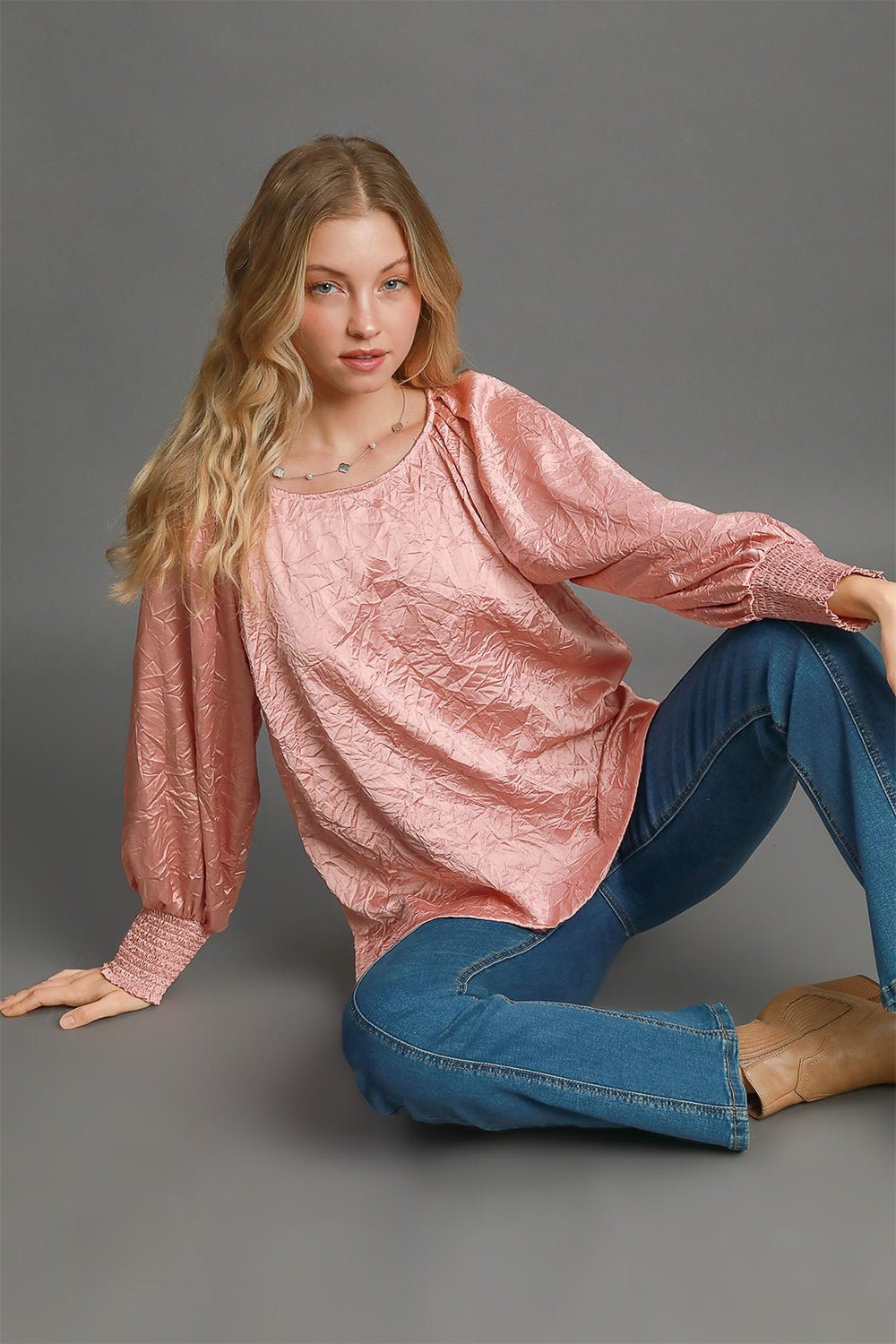 UMGEE - Blush Pink Crinkled Satin Lantern Sleeve Blouse