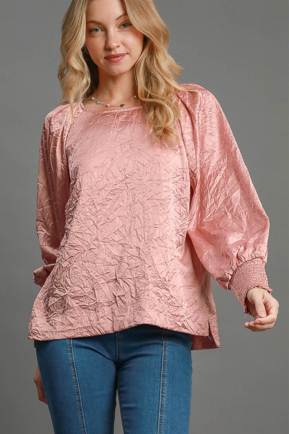 UMGEE - Blush Pink Crinkled Satin Lantern Sleeve Blouse