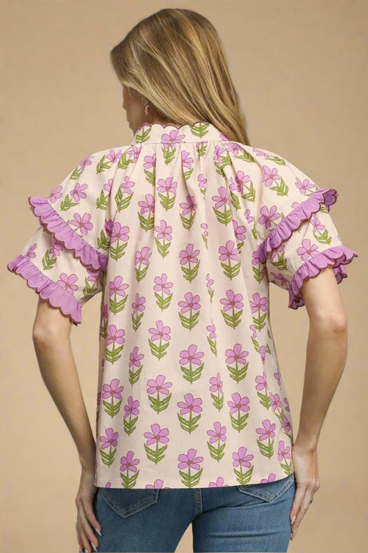 UMGEE - Blush Pink Daisy Print Ruffle Sleeve Top