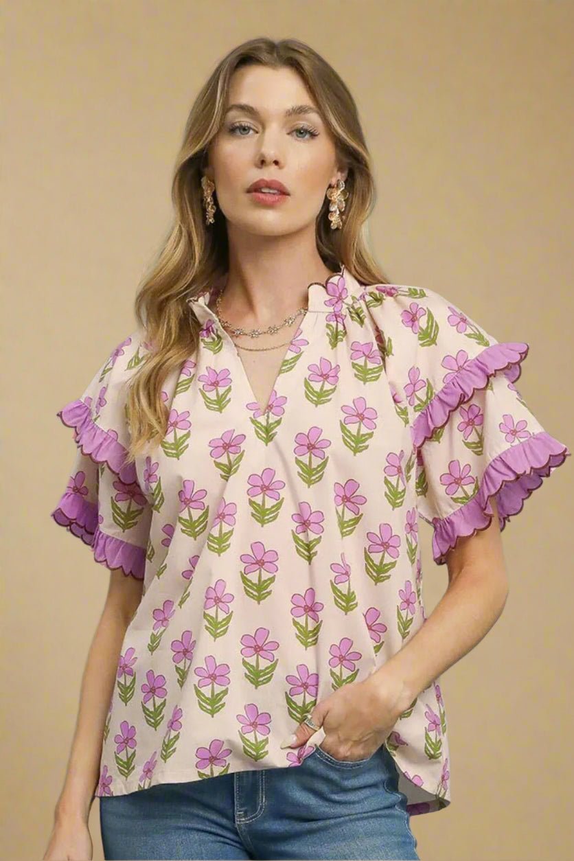 UMGEE - Blush Pink Daisy Print Ruffle Sleeve Top