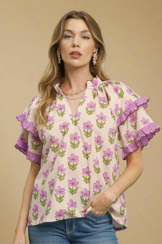 UMGEE - Blush Pink Daisy Print Ruffle Sleeve Top