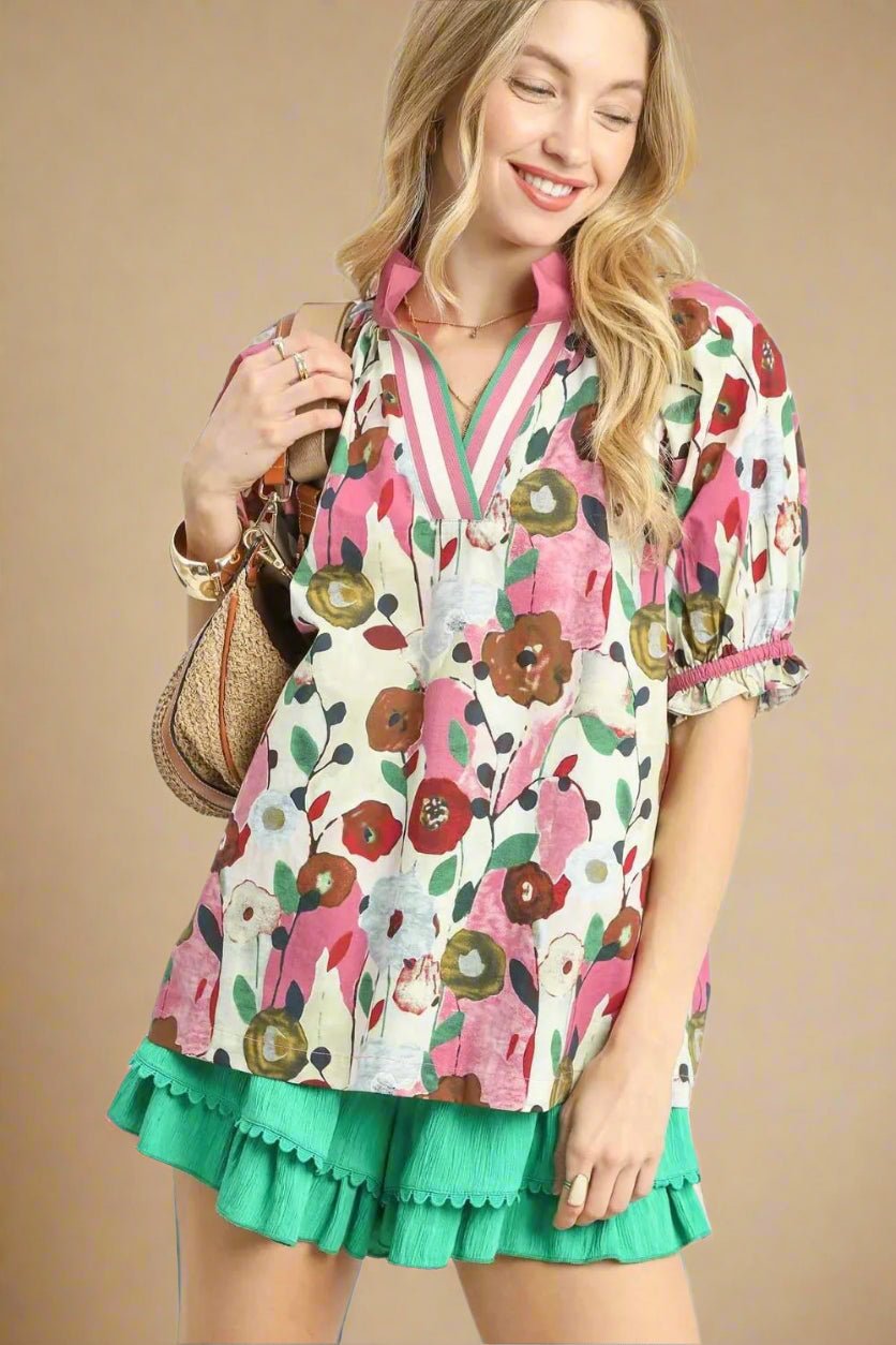 UMGEE - Blush Pink Floral Print Puff Sleeve Top with Striped V - Neck
