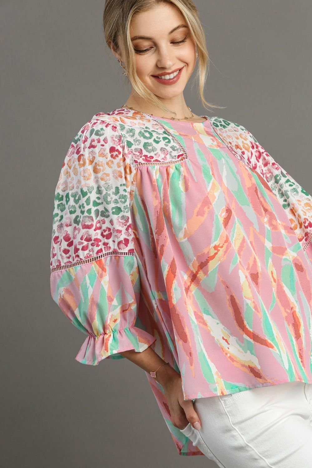 UMGEE - Blush Pink Multicolor Print Watercolor Safari Blouse
