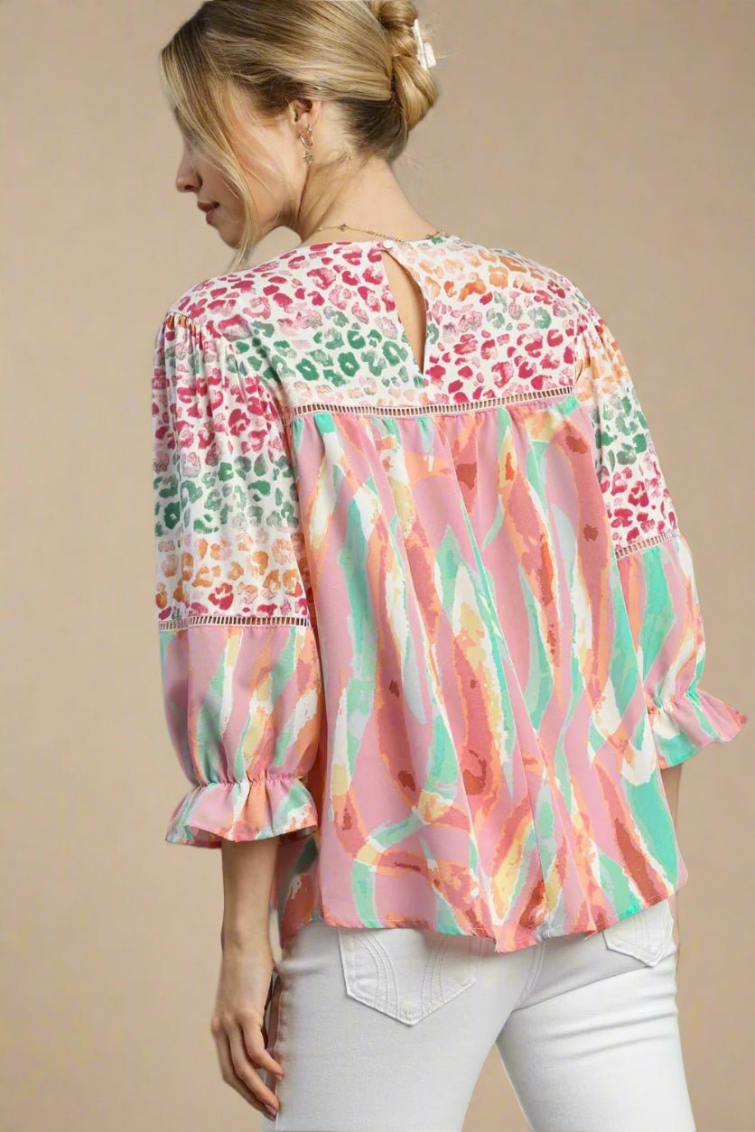 UMGEE - Blush Pink Multicolor Print Watercolor Safari Blouse