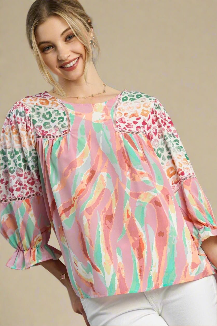 UMGEE - Blush Pink Multicolor Print Watercolor Safari Blouse