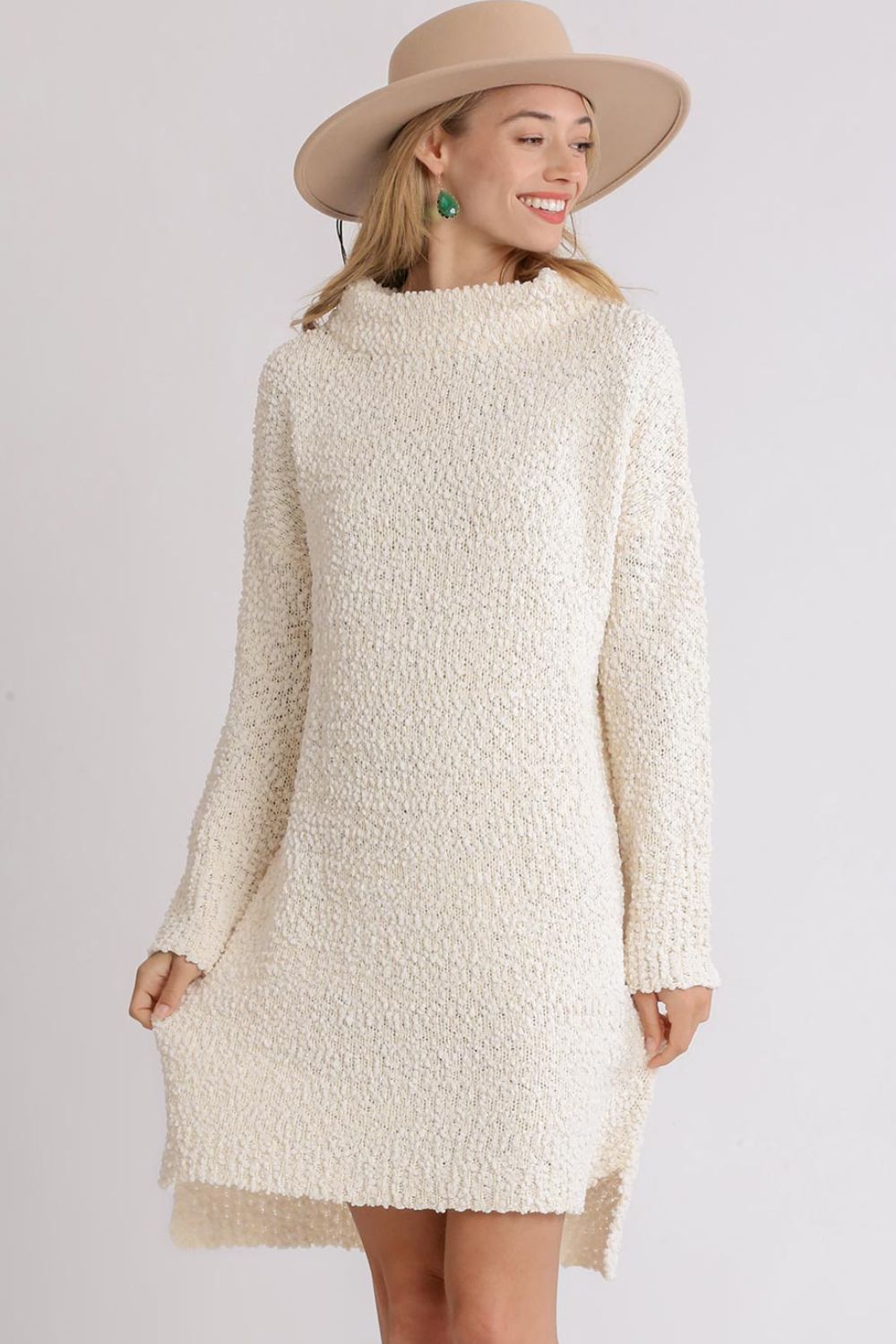 UMGEE - Bouclé Turtleneck Sweater Mini Dress in Cream