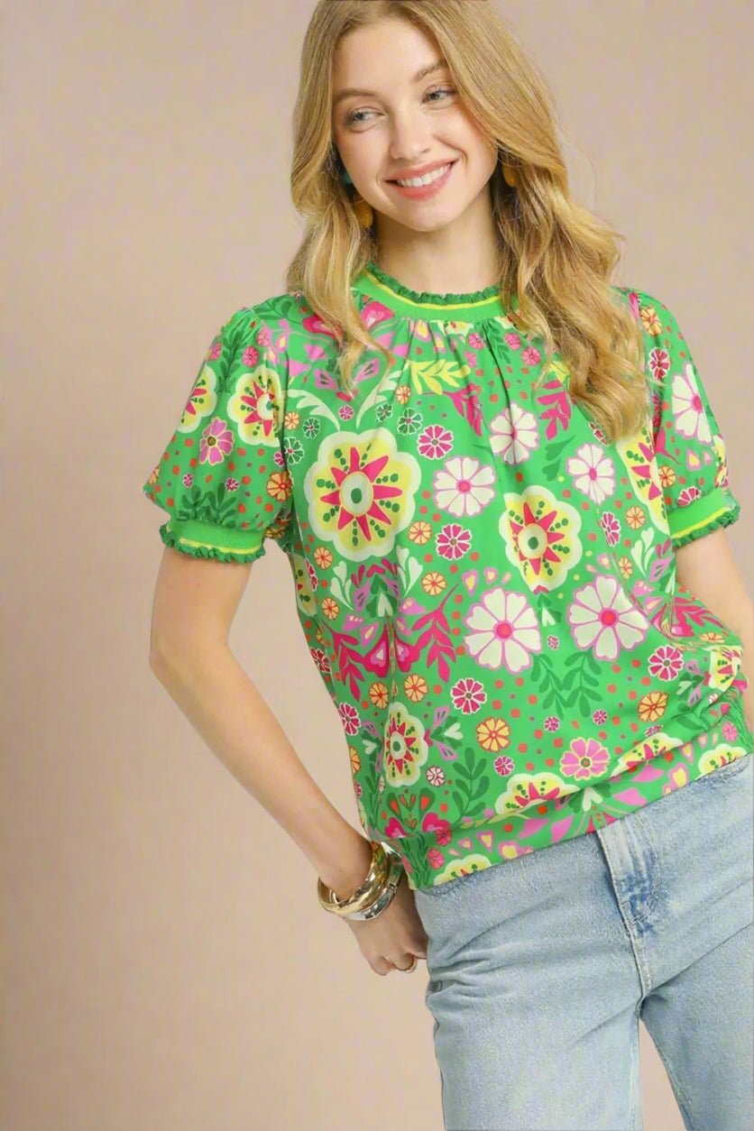 UMGEE - Bright Kelly Green Floral Puff Sleeve Top